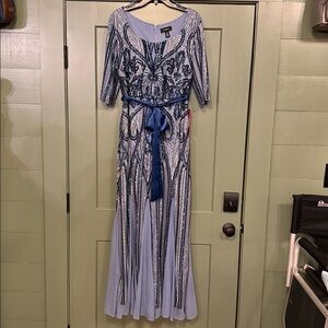 R&M Richards Light Blue Beaded Long Sleeve Evening Gown